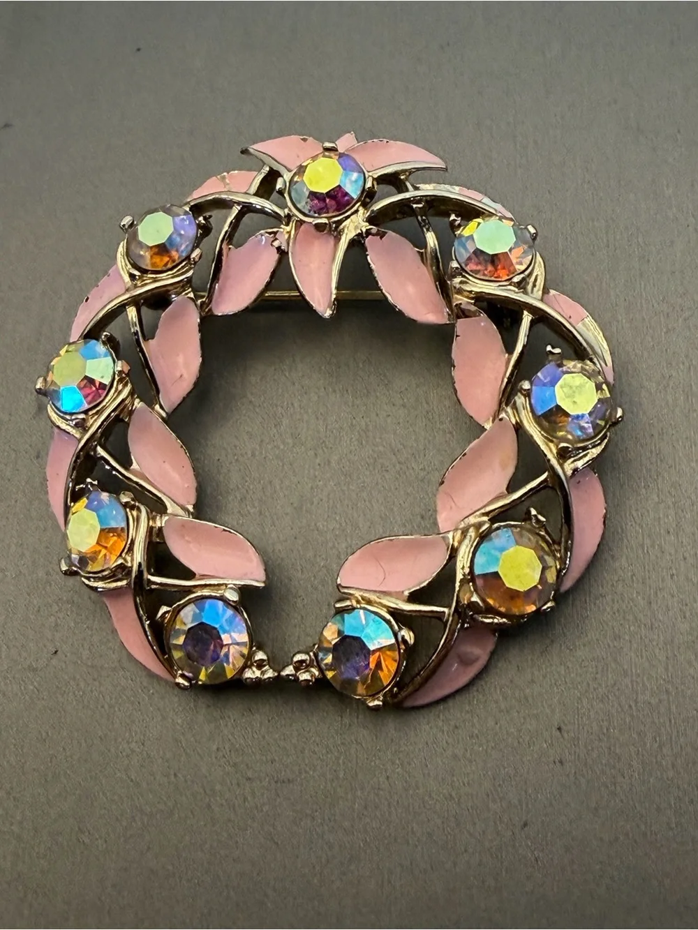 Kramer Pink Enamel Aurora Borealis Crystal Wreath Brooch